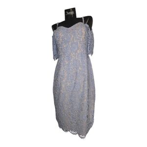 City Chic Off-Shoulder Lace Midi Dress in Blue and Cream